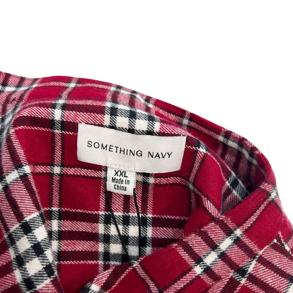 Something Navy Flannel Plaid Ruffle Shirt Red Combo XXL 100% Cotton Button Up - Picture 14 of 15